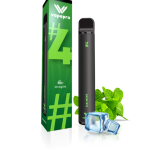 Φωτογραφία του ηλεκτρονικού τσιγάρου μιας χρήσης Vapepro στη γεύση #4 ICE MINT. Στη φωτογραφία φαίνεται η πράσινη συσκευασία. Πάνω πάνω στη συσκευασία υπάρχει το logo της Vapepro και από κάτω γράφει #4 και έχει την ένδειξη 20 mg/ml κάτω από ένα φύλλο καπνού. Δίπλα στη συσκευασία βλέπουμε την κομψή και λεπτή μαύρη συσκευή vapepro. Διπλα σε αυτα υπάρχουν φρέσκα φύλλα μέντας και παγάκια.