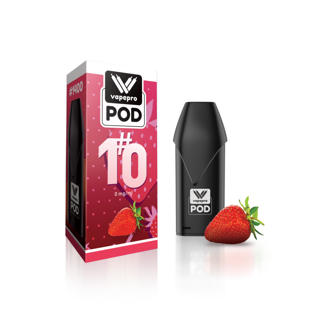 Φωτογραφία της καψουλας Vapepro POD στη γεύση #10 STRAWBERRY . Στη φωτογραφία φαίνεται η κόκκινη συσκευασία. Πάνω πάνω στη συσκευασία υπάρχει το logo της Vapepro και από κάτω γράφει #10 και έχει μια φράουλα και την ένδειξη 0 mg/ml κάτω από ένα φύλλο καπνού, που συμβολίζει τη νικοτίνη. Δίπλα στη συσκευασία βλέπουμε την κομψή μαύρη κάψουλα vapepro. Δίπλα της υπάρχει μια φράουλα.