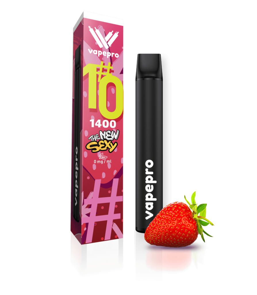 Φωτογραφία του ηλεκτρονικού τσιγάρου μιας χρήσης Vapepro στη γεύση #10 STRAWBERRY. Στη φωτογραφία φαίνεται η πολύχρωμη κόκκινη-κίτρινη συσκευασία. Πάνω πάνω στη συσκευασία υπάρχει το logo της Vapepro και από κάτω γράφει #10 και έχει την ένδειξη 0 mg/ml κάτω από ένα φύλλο καπνού. Δίπλα στη συσκευασία βλέπουμε την κομψή και λεπτή μαύρη συσκευή vapepro. Διπλα σε αυτα υπάρχει μια φράουλα.